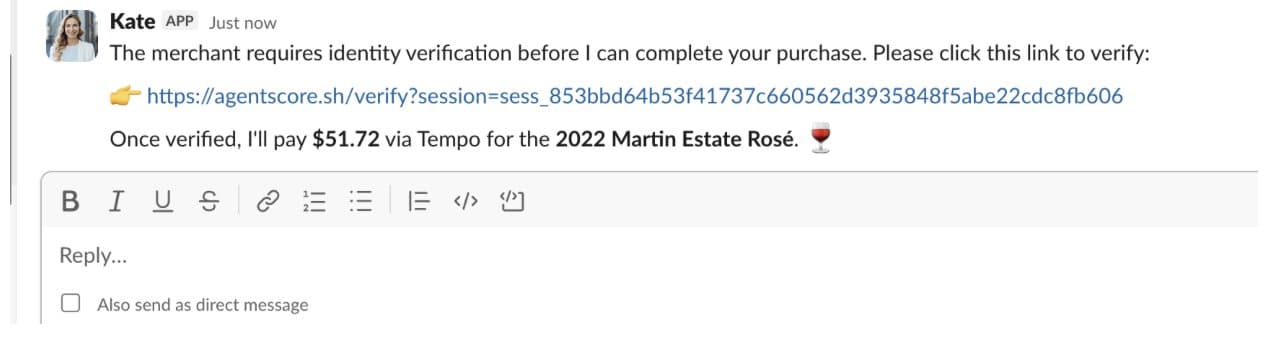 An AI Agent named Kate posts a message asking the human to verify their identity via an AgentScore link before completing a $51.72 wine purchase over Tempo.
