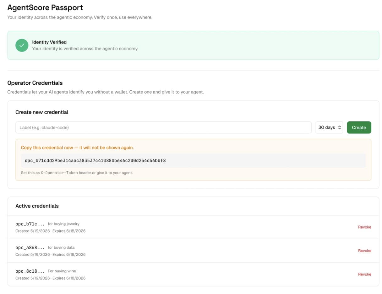 The AgentScore Passport credentials screen showing identity verified and three active operator credentials for buying jewelry, data, and wine, each presentable to an AI agent.