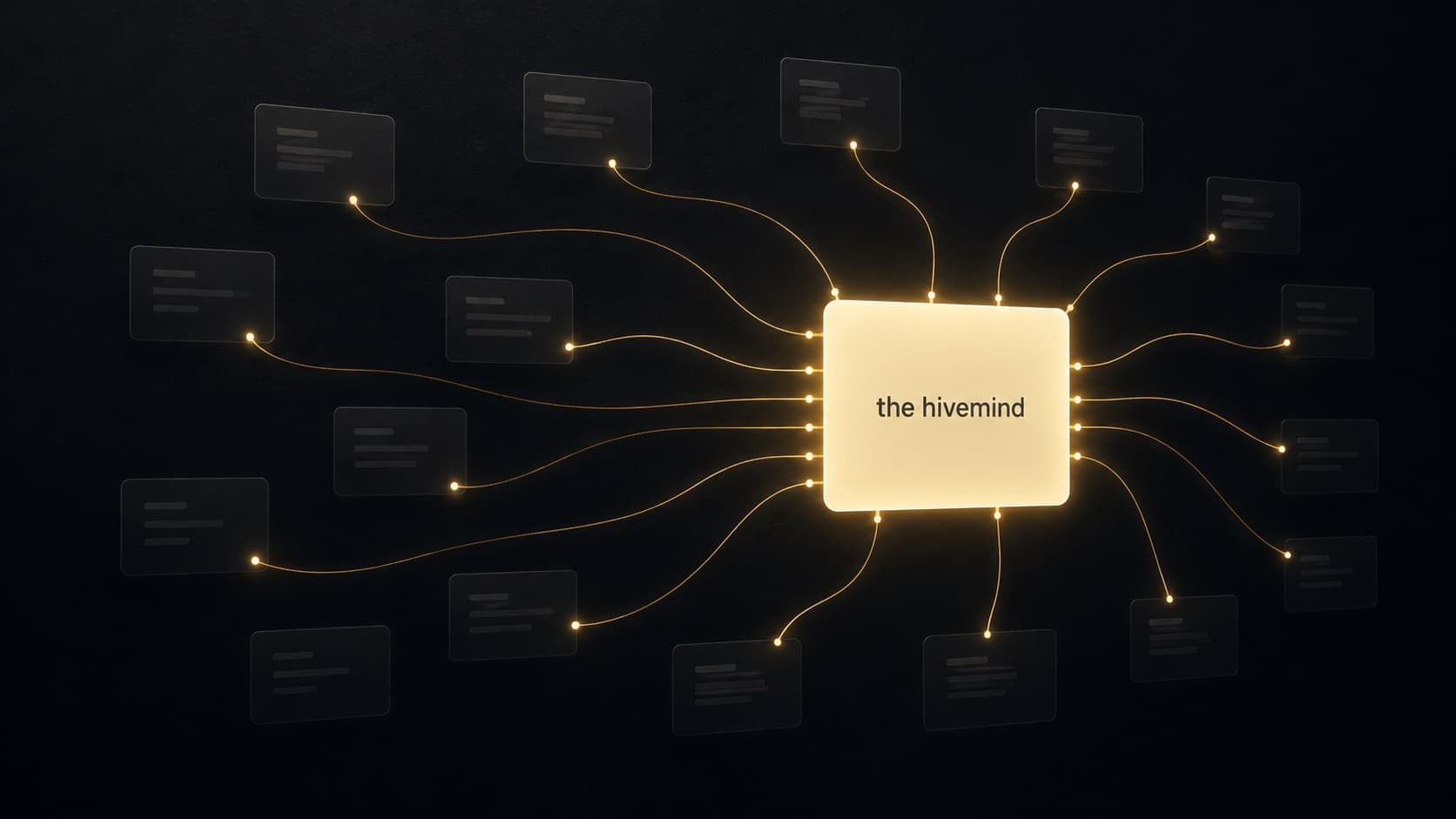 Many faded document cards, each with a luminous line flowing into one bright central card labeled the hivemind: every doc defers to one canonical source.